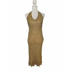 Vintage 90s Newport News Yellow Gold Beaded Sequin Midi Halter Dress Size 4